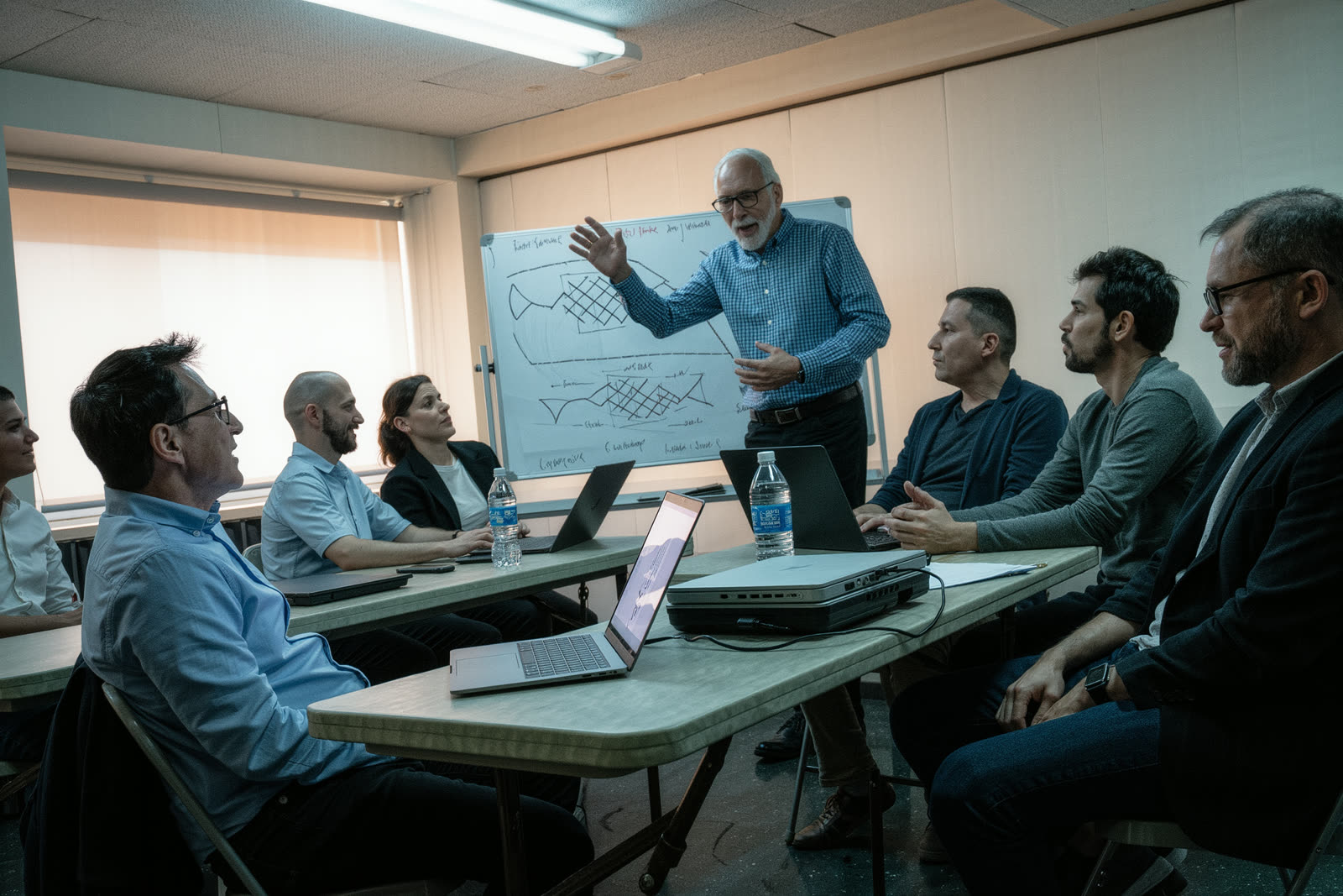 A Lean Six Sigma cohort in an in-person classroom session, working around tables with a facilitator at a whiteboard.